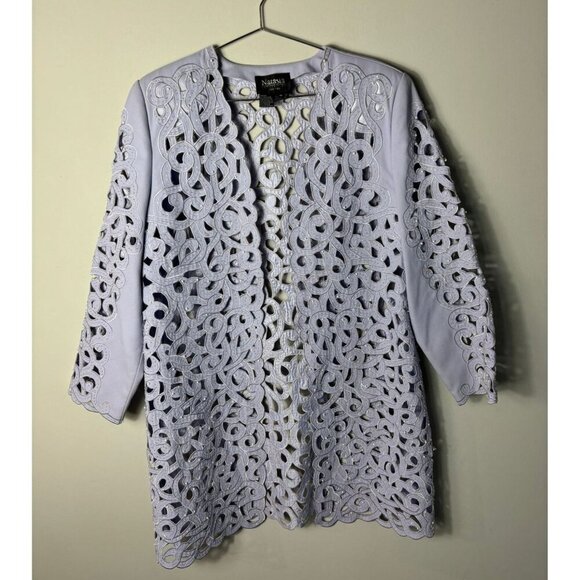 Natasha Embroidered Beaded Open Front Laser Cut Jacket Light Lavender Sz 16 - Picture 1 of 10